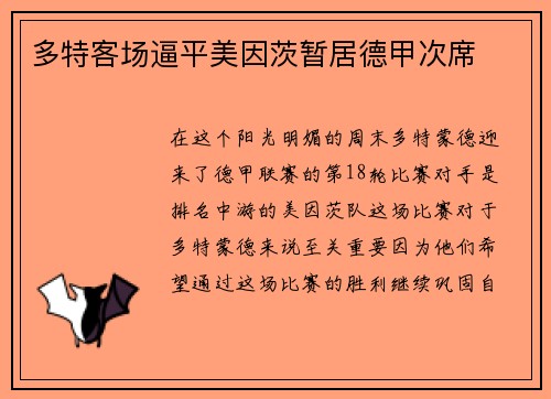 多特客场逼平美因茨暂居德甲次席